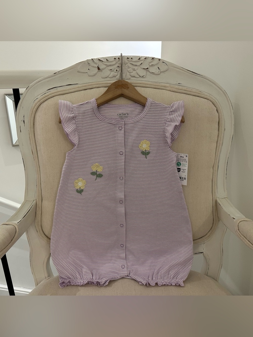 🤍 24 Mth Carter's Lavender Striped Baby Romper with Floral Embroidery NWT